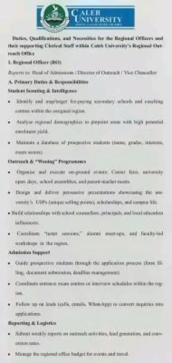 Caleb University advertises Regional Offices, Clerical Staff Vacant Positions