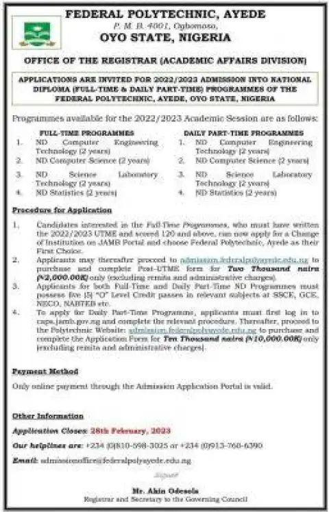 Federal Polytechnic Ayede Admission Form 2022/2023