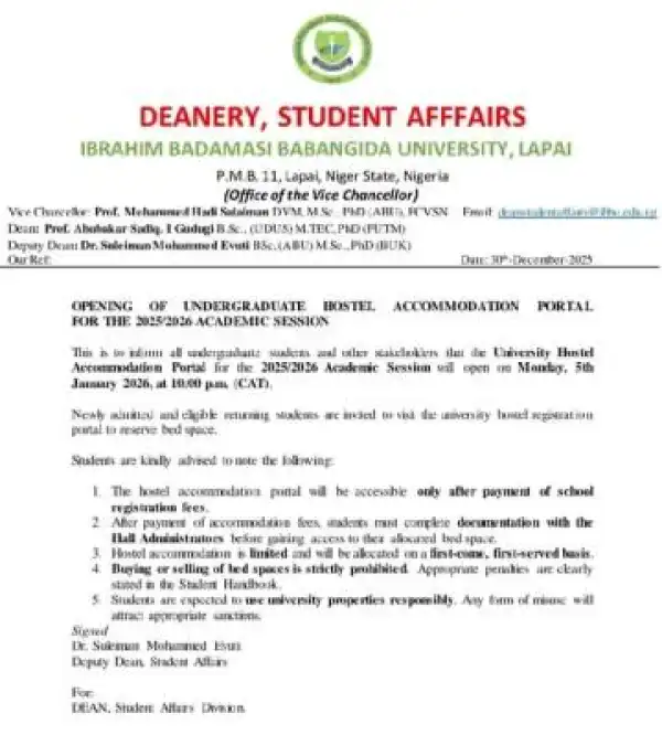 IBB University Lapai announces date for opening undergraduate accommodation portal