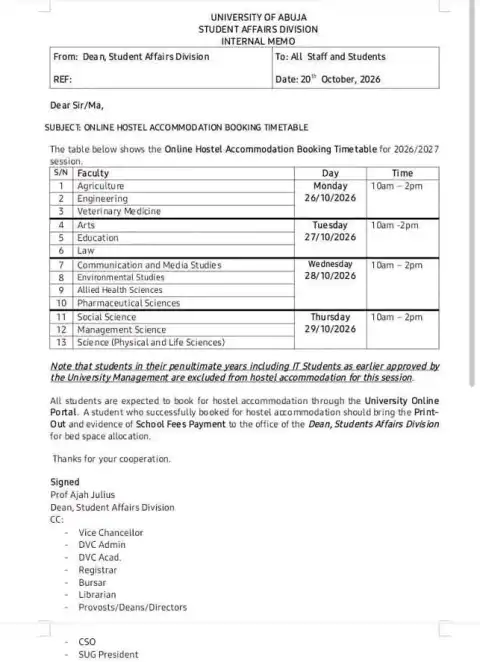 University of Abuja Hostel Accommodation Booking Timetable, 2026/2027