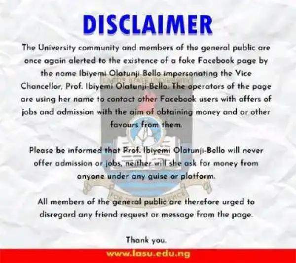 LASU alerts the general public of fake Facebook page