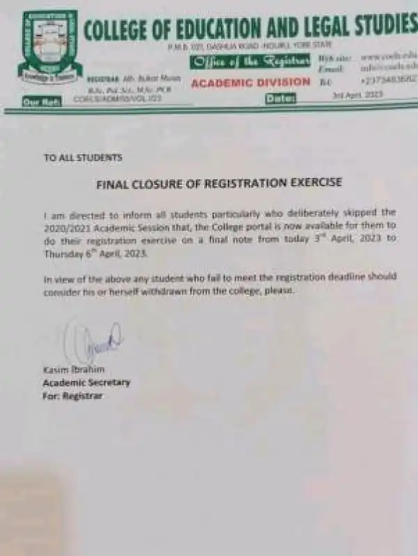 College of Education and Legal Studies, Nguru notice on final closure of registration