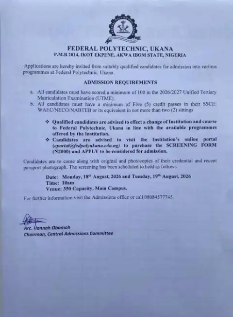 Federal Poly Ukana Post-UTME screening registration, 2026/27