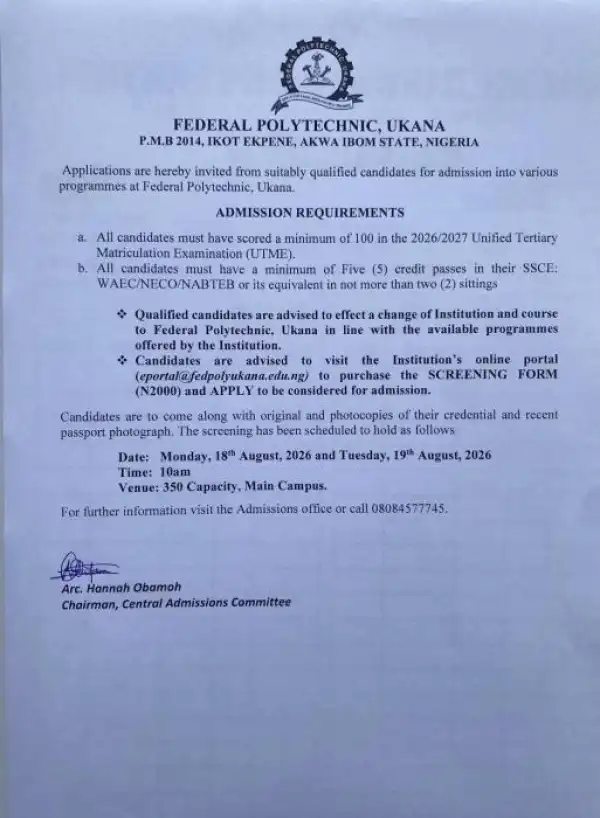 Federal Poly Ukana Post-UTME screening registration, 2026/27