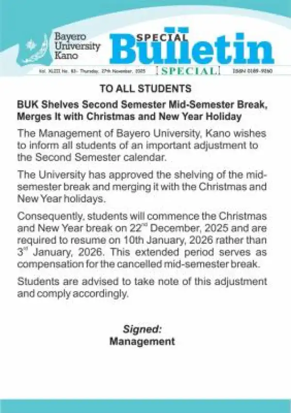 BUK merges mid-semester break with Christmas/New Year Holiday