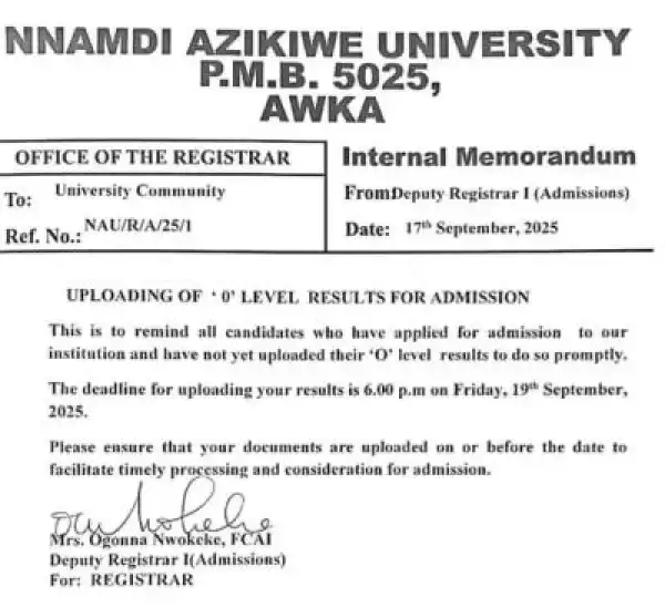 UNIZIK notice on uploading of O