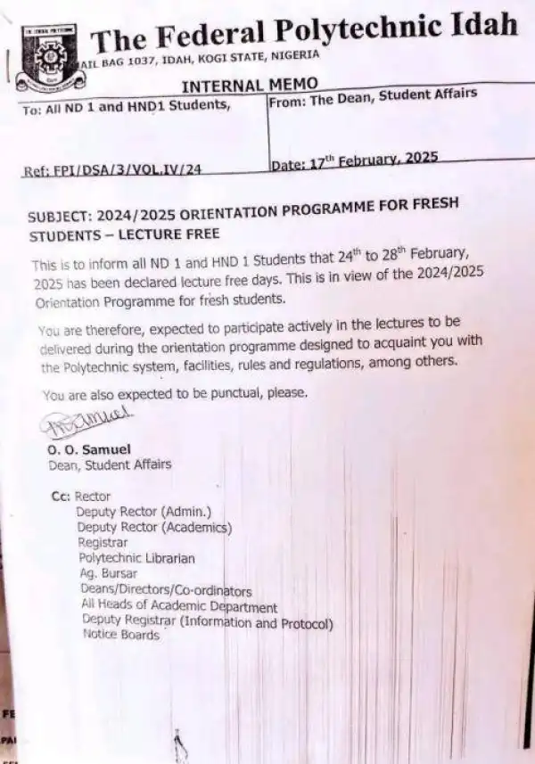 Idah Poly notice on orientation exercise and lecture free days