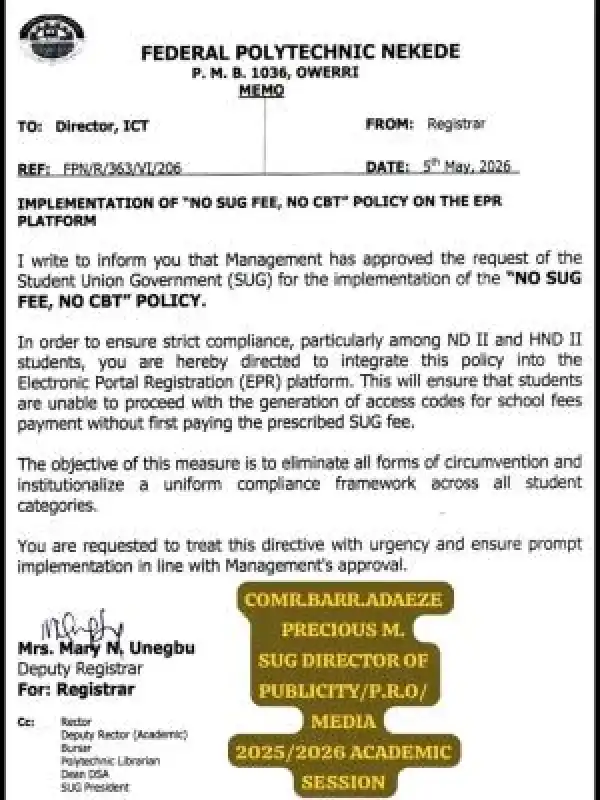 NEKEDEPOLY implements mandatory payment of SUG fee
