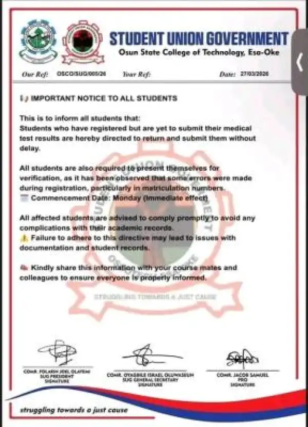 Osun State College of Technology, Esa Oke SUG notice to all students