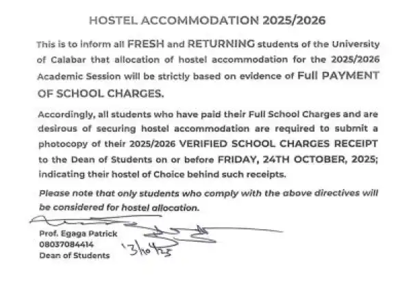 UNICAL notice on hostel accommodation