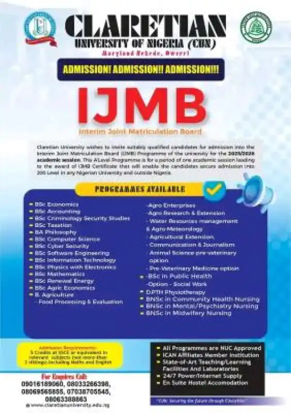 Claretian University IJMB Admission form, 2025/2026