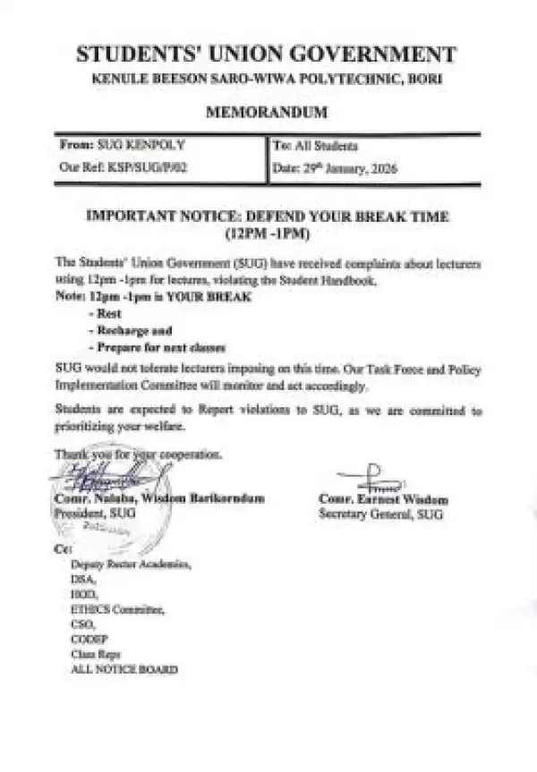Kenule Beeson Saro-Wiwa Polytechnic SUG notice to students regarding lecture time