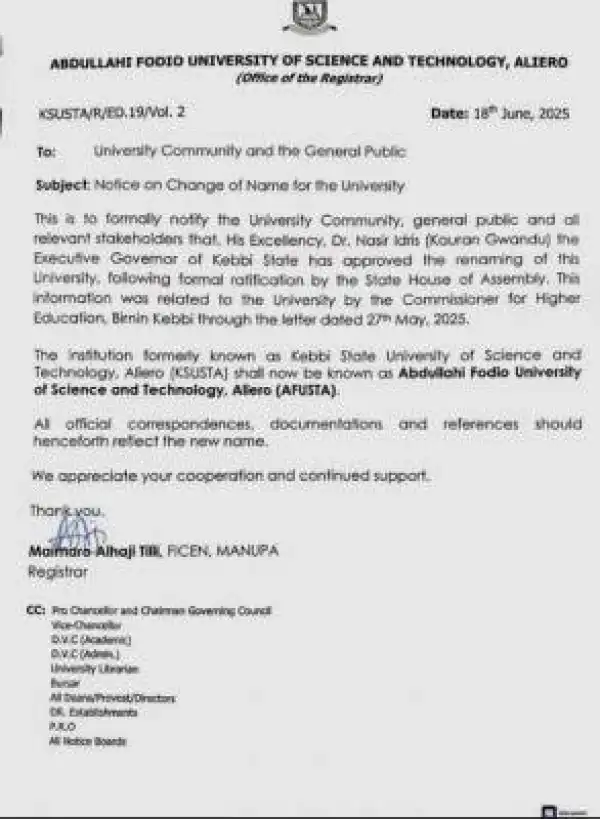 KSUSTA notice on change of university name