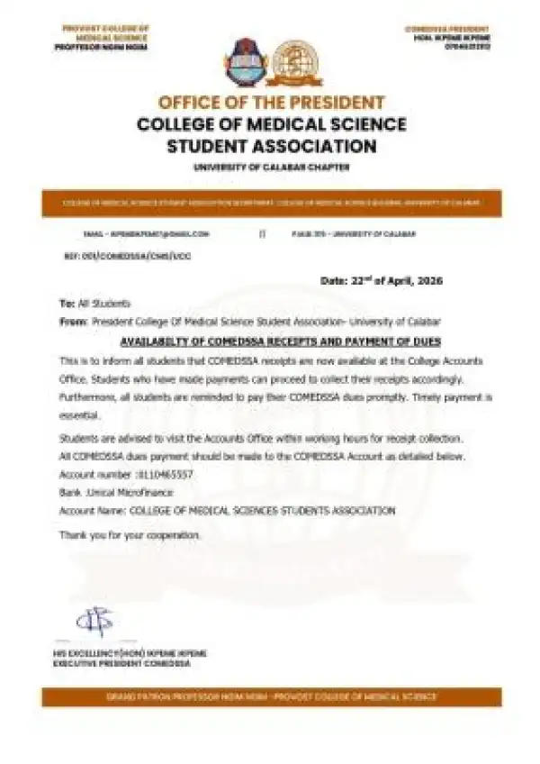 UNICAL College of Medical Sciences Students Association notice on payment of dues