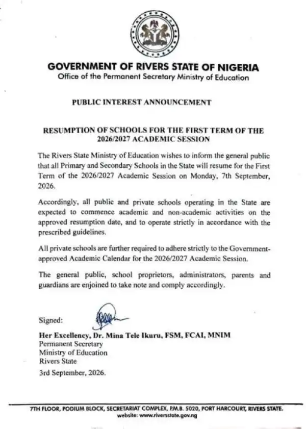 Rivers State announces school resumption for 1st term, 2026/2027