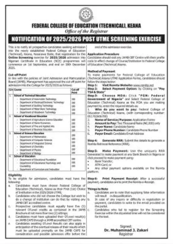 Federal College of Education (Tech.) Keana Post-UTME registration, 2025/2026