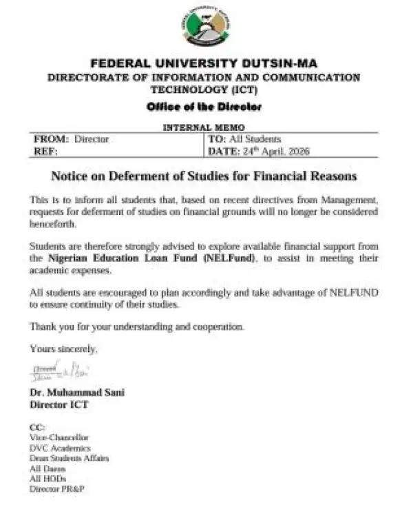 FUDSTIN-MA notice to students on deferment of studies for financial reasons