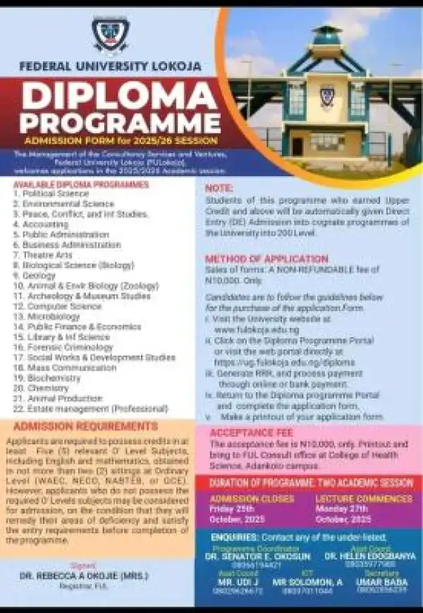 FULOKOJA Admission into Diploma Programme, 2025/2026