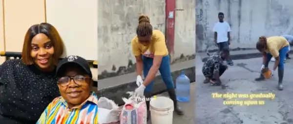 “Did She Get Permission?”- Nigerians React As Aki’s Wife Repairs Damaged Ikeja Road