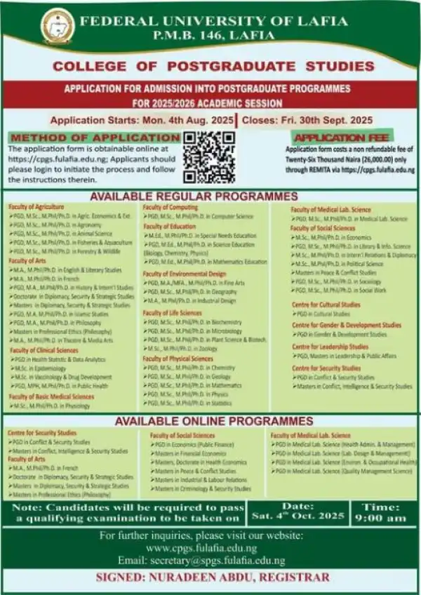 FULAFIA releases Postgraduate Admission form, 2025/2026