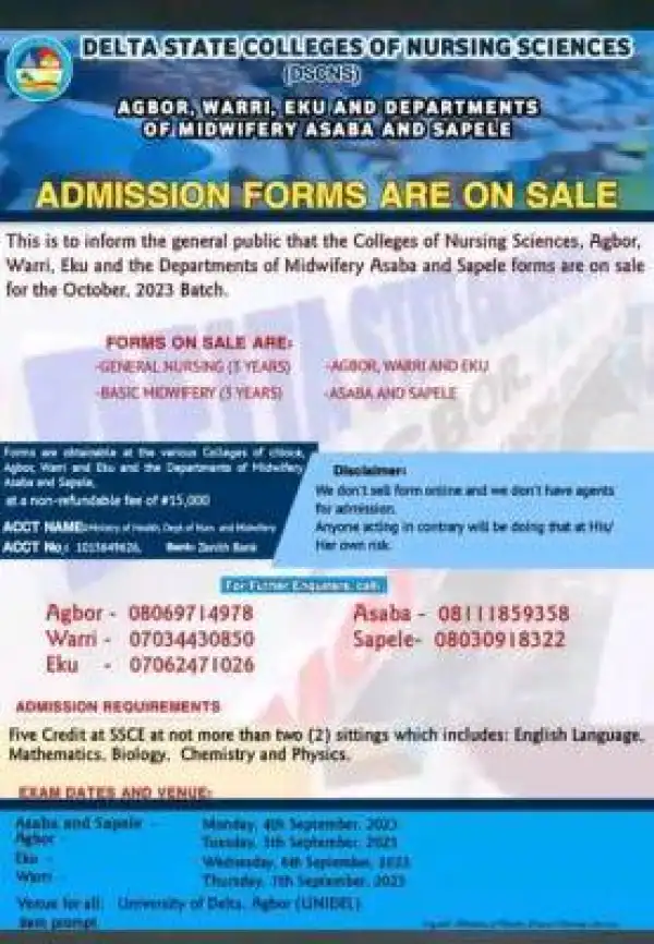 Delta State Colleges of Nursing Sciences admission form, 2023/2024 session