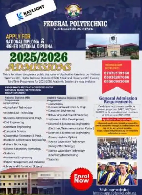 Fed Poly Ile-Oluji HND admission form, 2025/2026