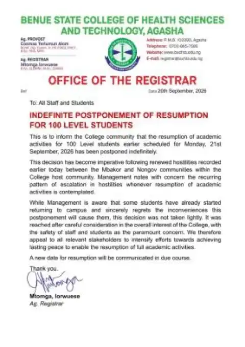 Benue State College of Health Sciences & Tech. postpones 100L resumption indefinitely