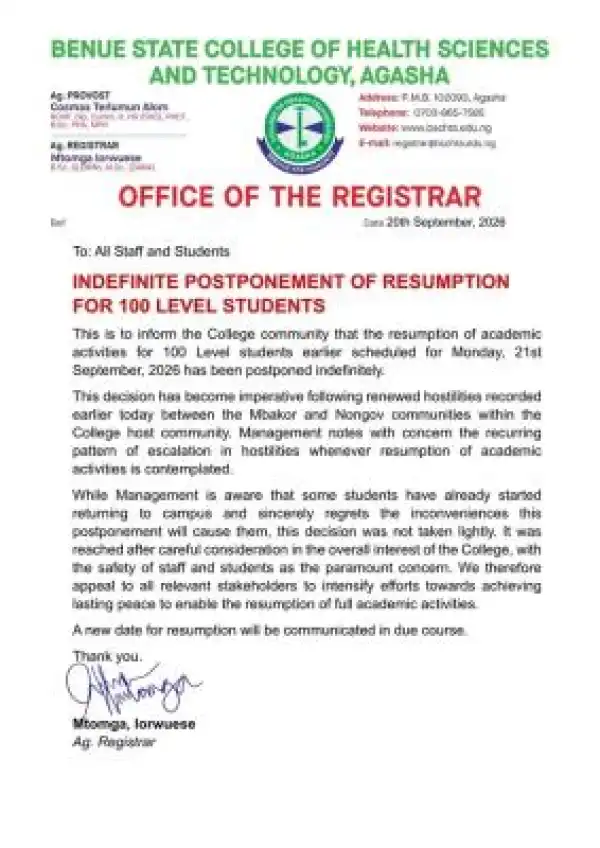 Benue State College of Health Sciences & Tech. postpones 100L resumption indefinitely