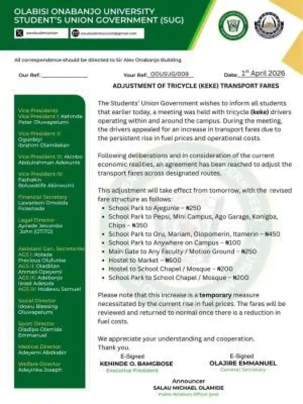 OOU SUG approves upward review of tricycle transport fares on campus