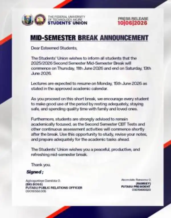 FUTA SUG notice on Mid-semester Break, 2nd Semester 2025/2026 session