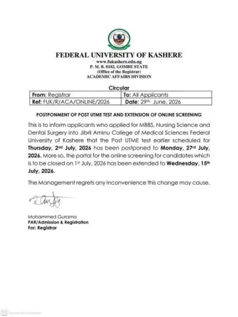 FUKashere extends Post-UTME registration deadline, reschedules screening exercise, 2026/2027