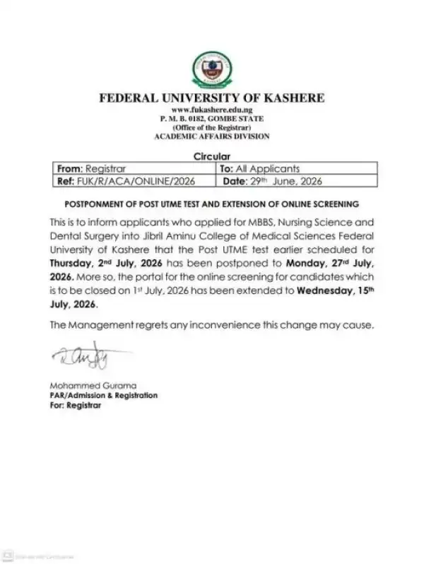 FUKashere extends Post-UTME registration deadline, reschedules screening exercise, 2026/2027