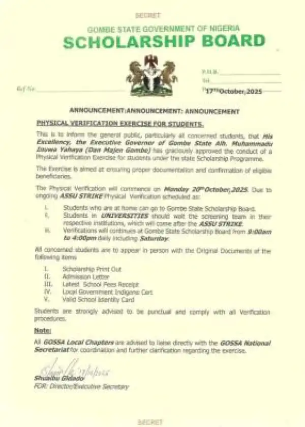 Gombe state scholarship board announces physical verification exercise