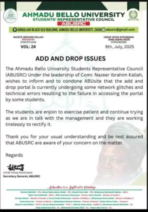ABU SRC notice regarding course registration issues