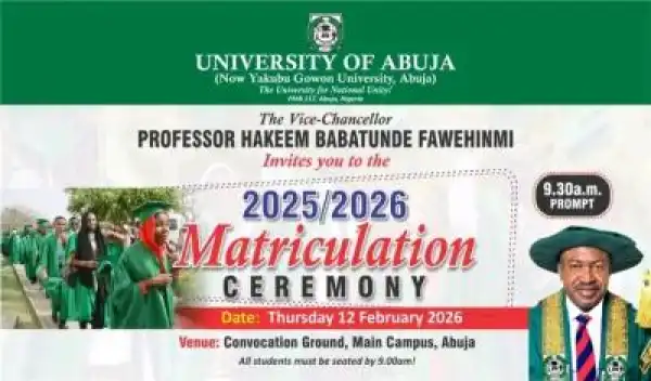 UNIABUJA set to hold Matriculation Ceremony, 2025/2026