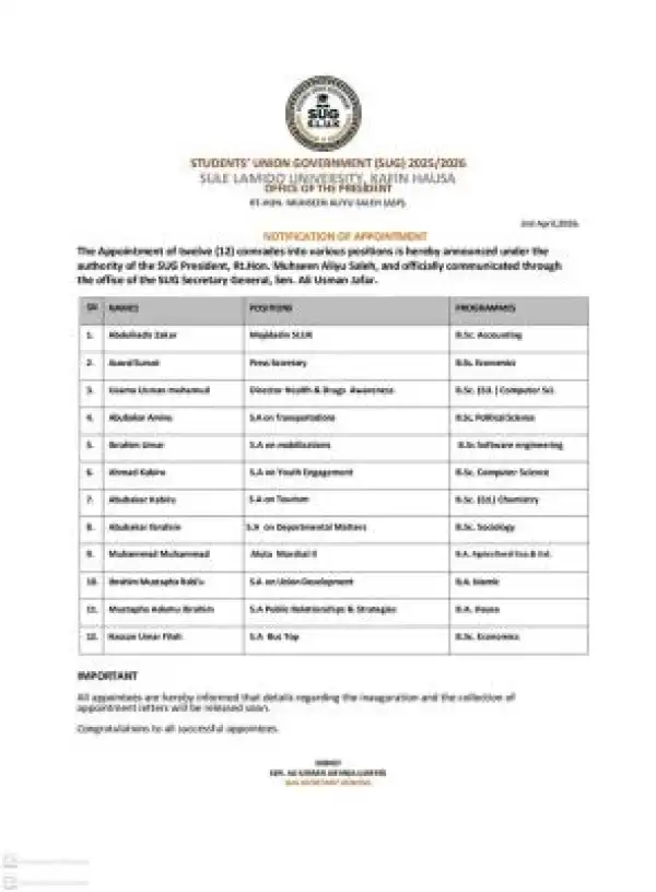 SLU SUG appoints comrades into various strategic positions