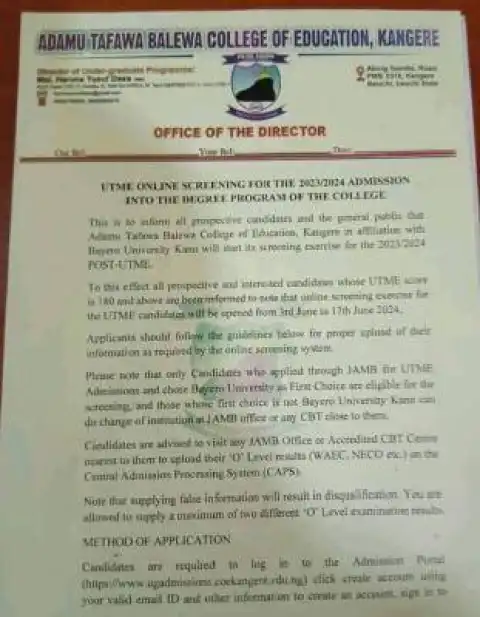 Adamu Tafawa Balewa COE in affiliation with BUK releases degree admission form, 2023/2024