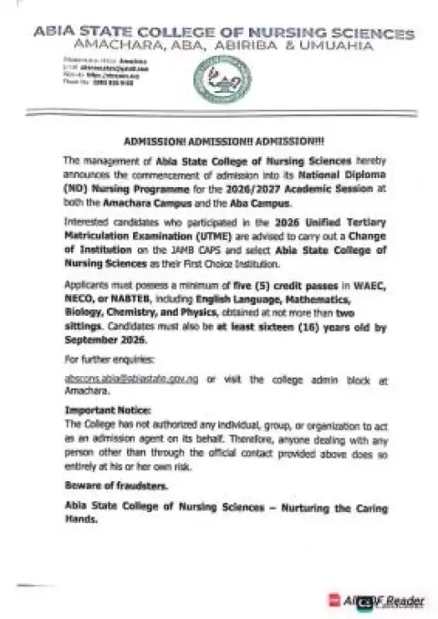 Abia State College of Nursing Sciences ND Nursing Admission form, 2026/2027