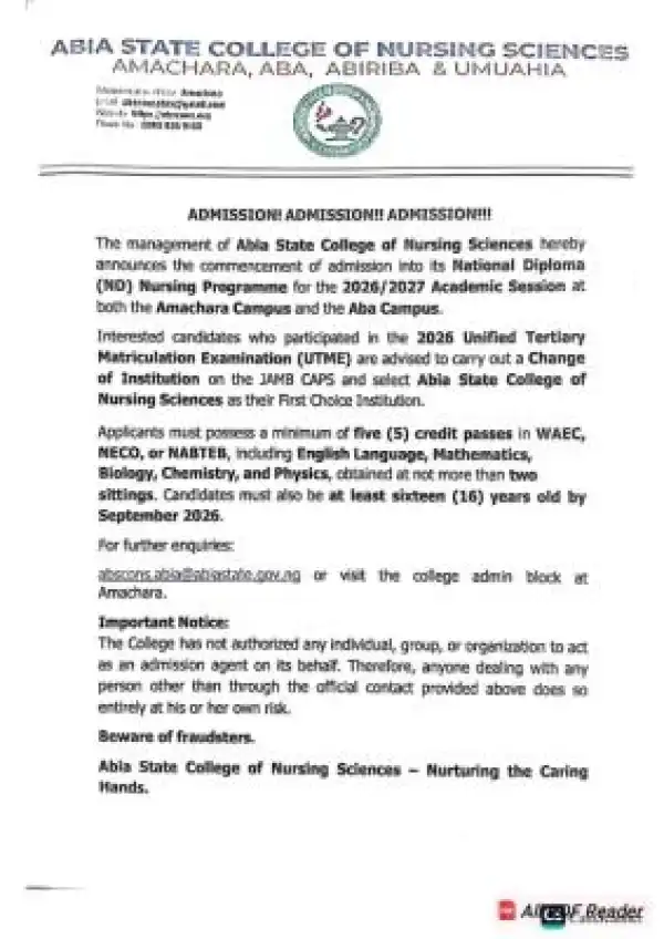 Abia State College of Nursing Sciences ND Nursing Admission form, 2026/2027
