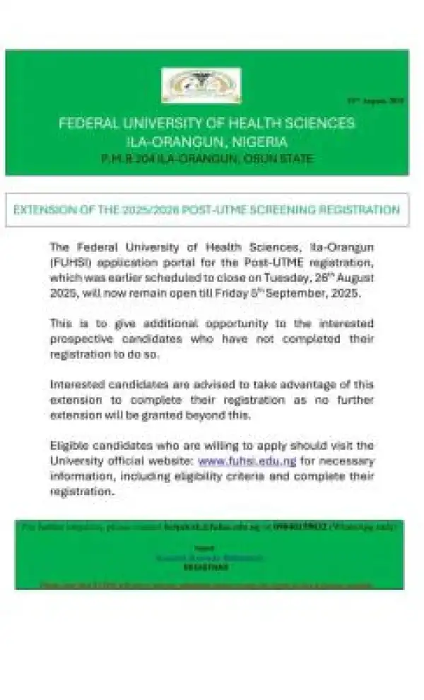 FUHSI extends Post UTME registration deadline, 2025/2026
