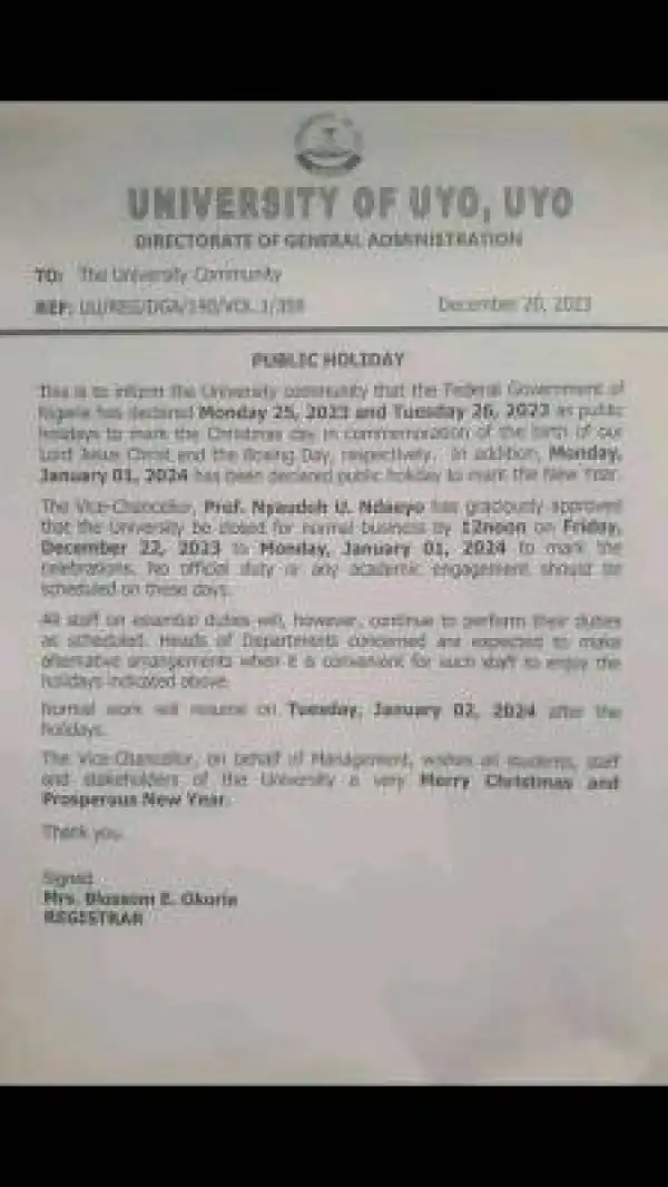 UNIUYO notice of public holidays
