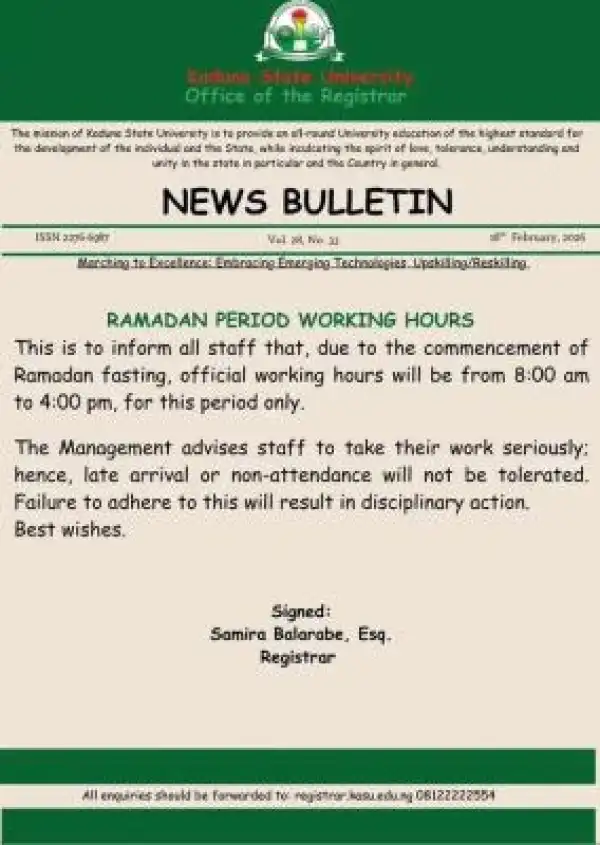 KASU announces Ramadan working hours