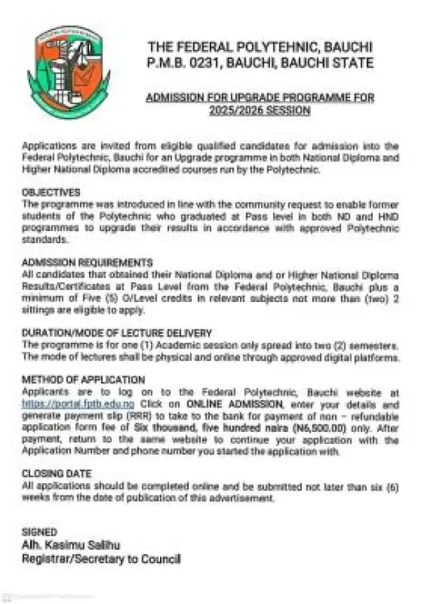 Federal Poly Bauchi upgrade programme for ND & HND graduates