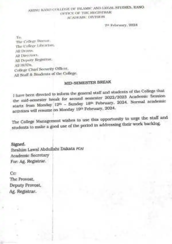 Aminu Kano College of Islamic and Legal Studies notice on mid-semester break