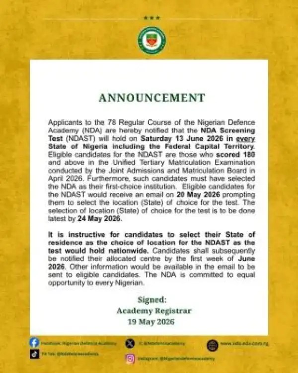 NDA screening date and notice on selection of test location for the 78th Regular Course