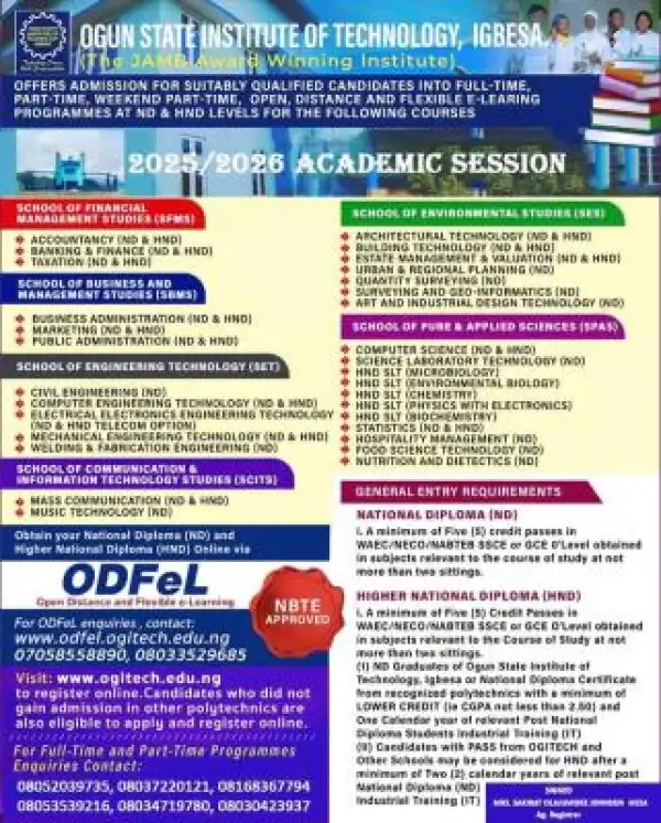OGITECH ND/HND Admission, 2025/2026