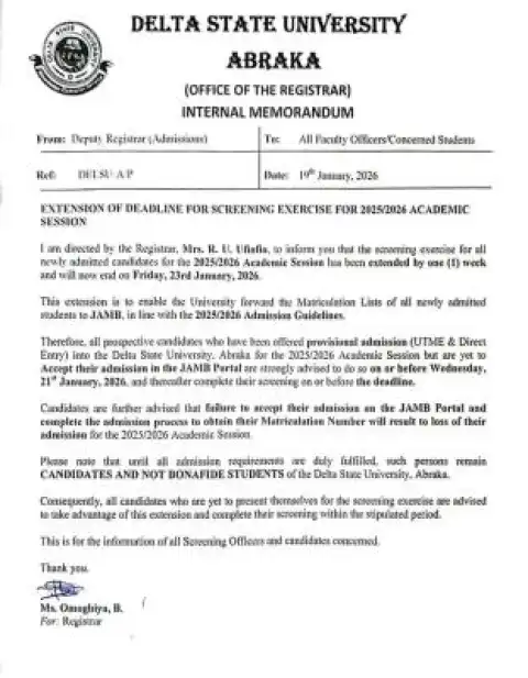 DELSU extends physical screening exercise, 2025/2026