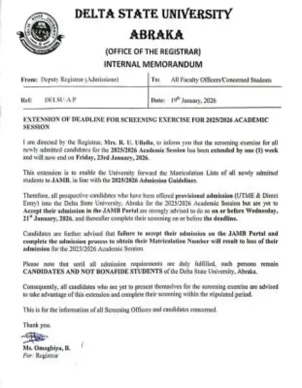 DELSU extends physical screening exercise, 2025/2026