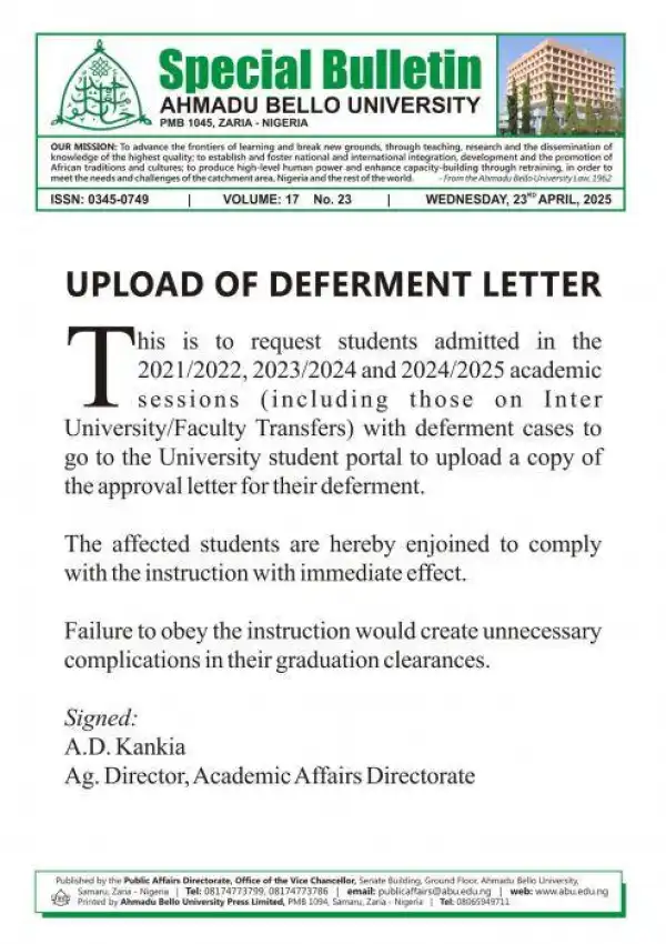 ABU Zaria notice to admitted students, 2021/2022, 2023/2024 & 2024/2025 with deferment cases
