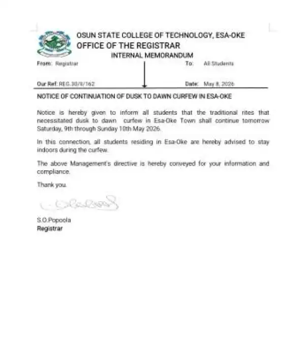 OSCOTECH notice on Continuation of DUSK to Dawn Curfew in Esa-Oke